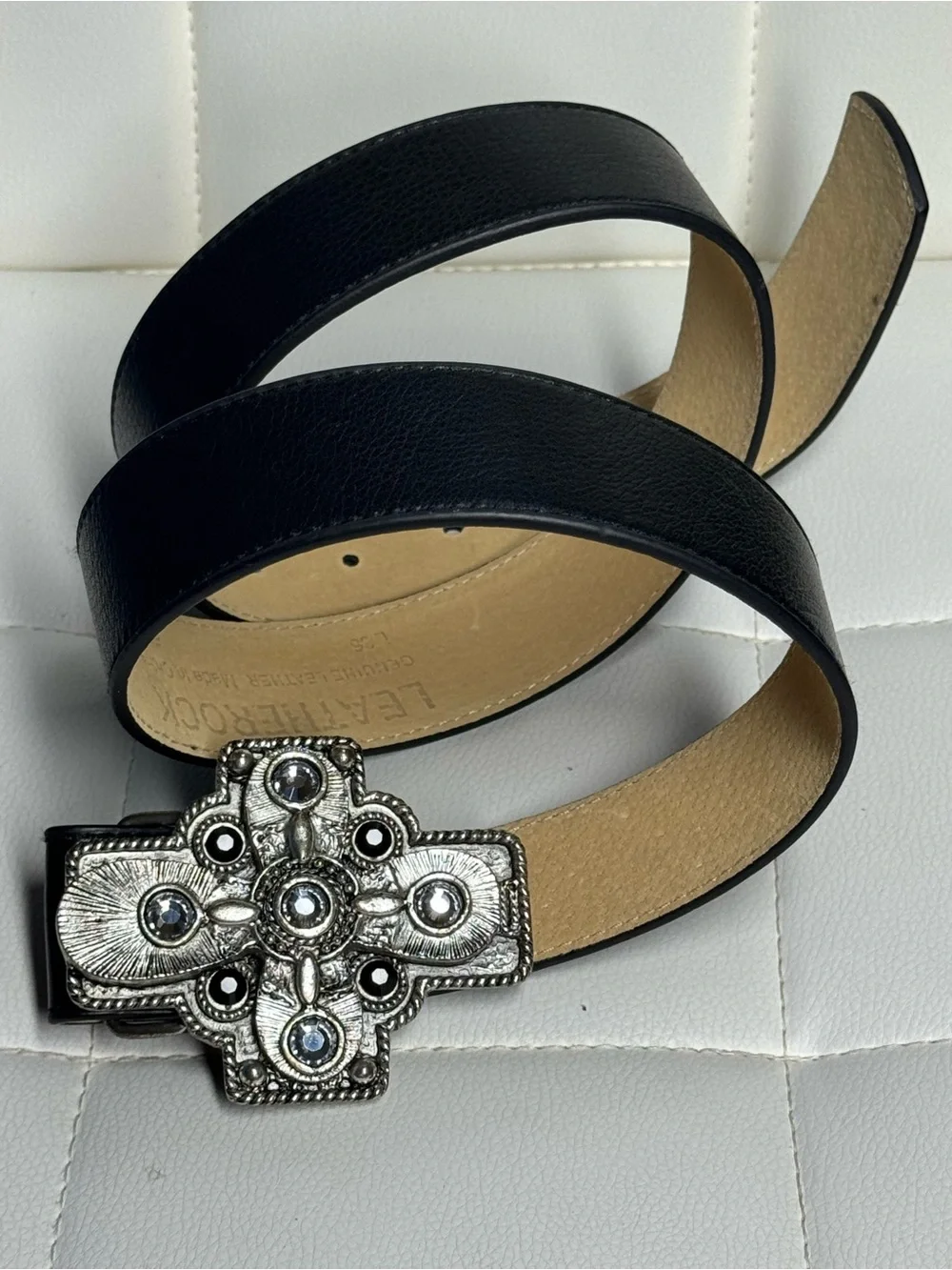Leatherock Black Leather Belt with Rhinestone Cross Buckle